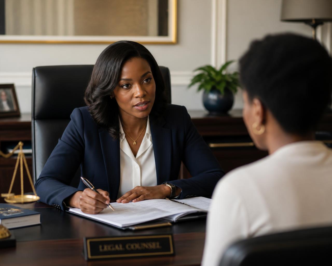 Advocate advising a client during a legal consultation