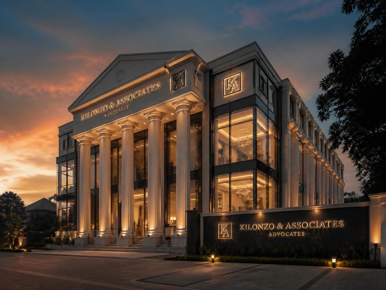 Elegant law firm office building exterior at dusk