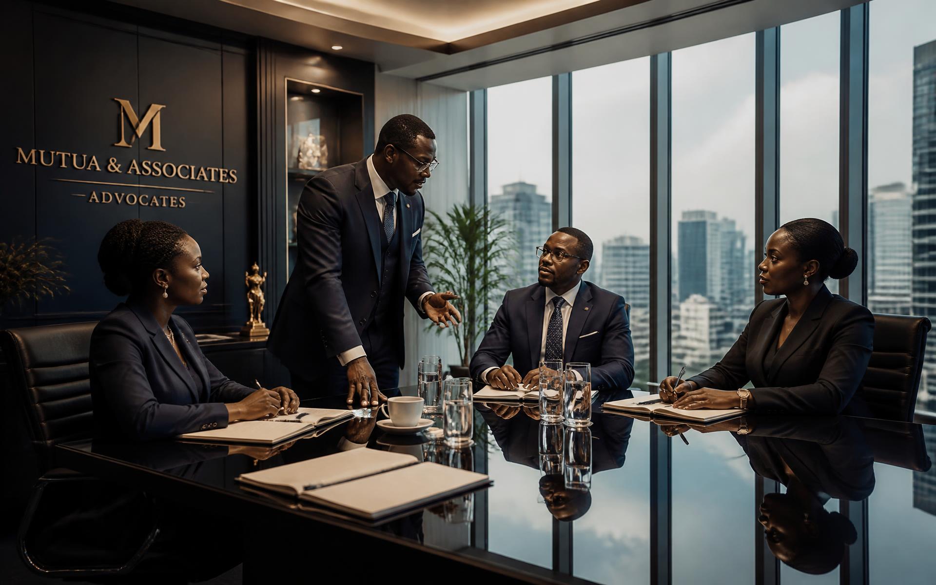 Legal professionals in a modern Nairobi corporate law office boardroom